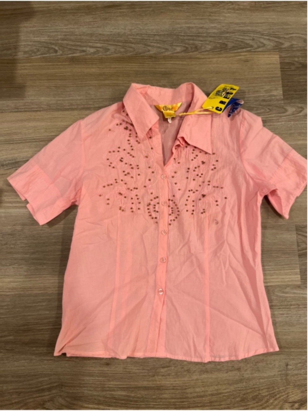 Crest Pink Embroidered Paisley Beaded Short Sleeve Button Up Shirt XL Beach Y2K